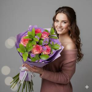 Букет с розовыми розами, рускусом и статицей