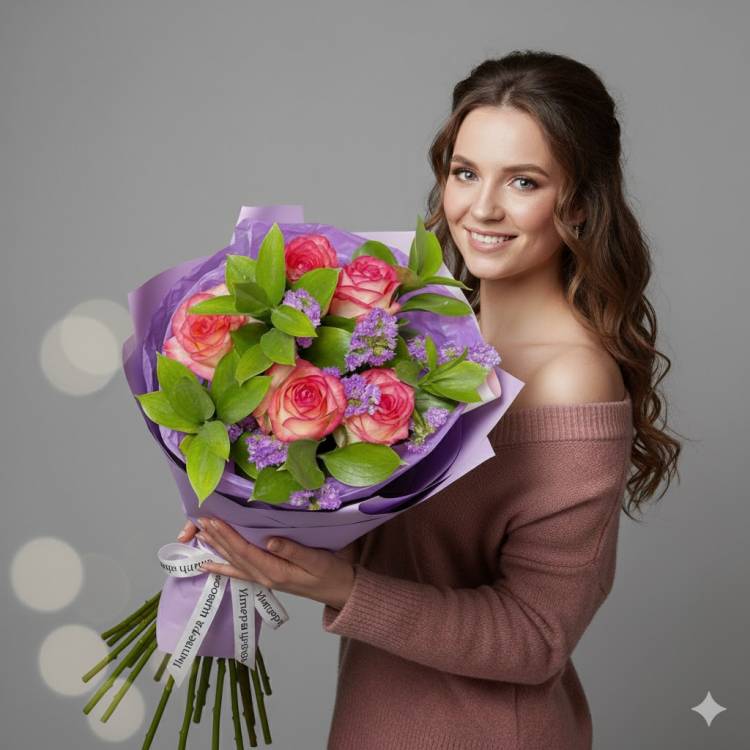 Букет с розовыми розами, рускусом и статицей Букет с розовыми розами, рускусом и статицей