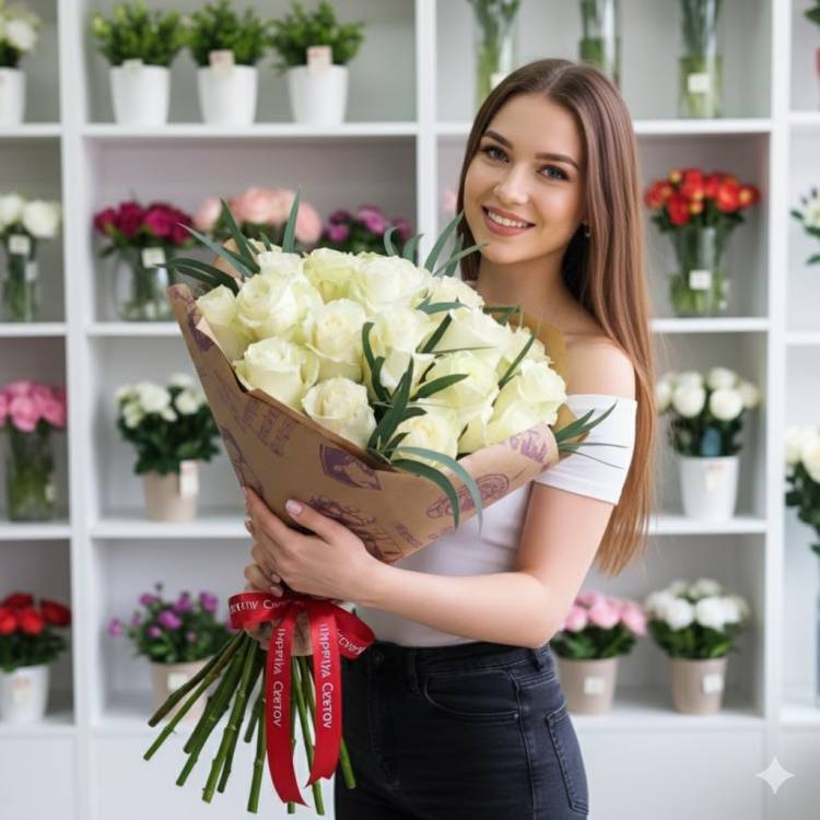 Букет из 15 белых роз 80 см Букет из 15 белых роз 80 см