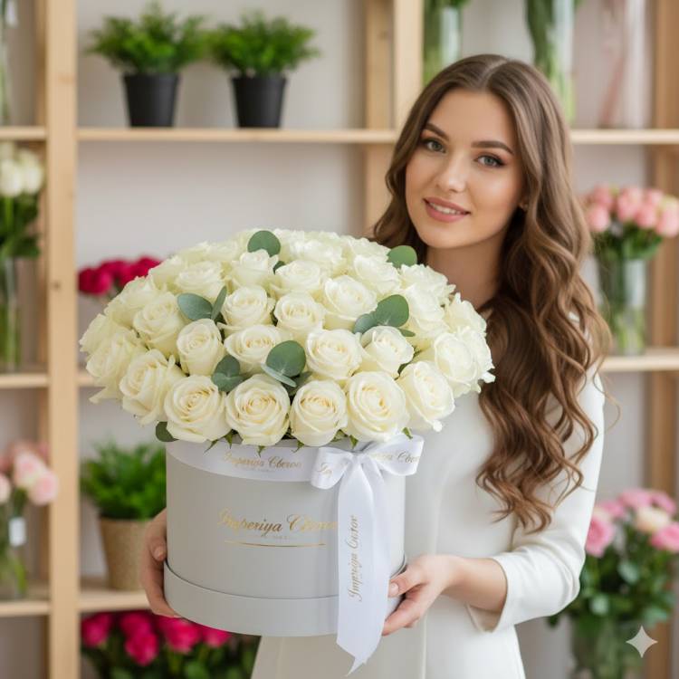 25 белых роз в шляпной коробке 25 белых роз в шляпной коробке