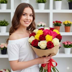 Букет из 15 разноцветных роз (60см)