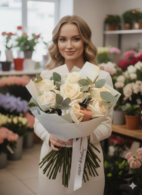 Букет из роз с эвкалиптом Букет из роз с эвкалиптом