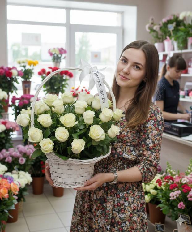 25 белоснежных роз в элегантной корзине 25 белоснежных роз в элегантной корзине