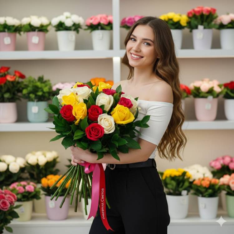 Букет из 15 микс роз 70 см Букет из 15 микс роз 70 см